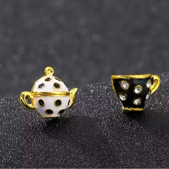 Disney Jewelry - Alice In Wonderland Gold Enameled Black & White Teapot & Teacup Stud Earrings